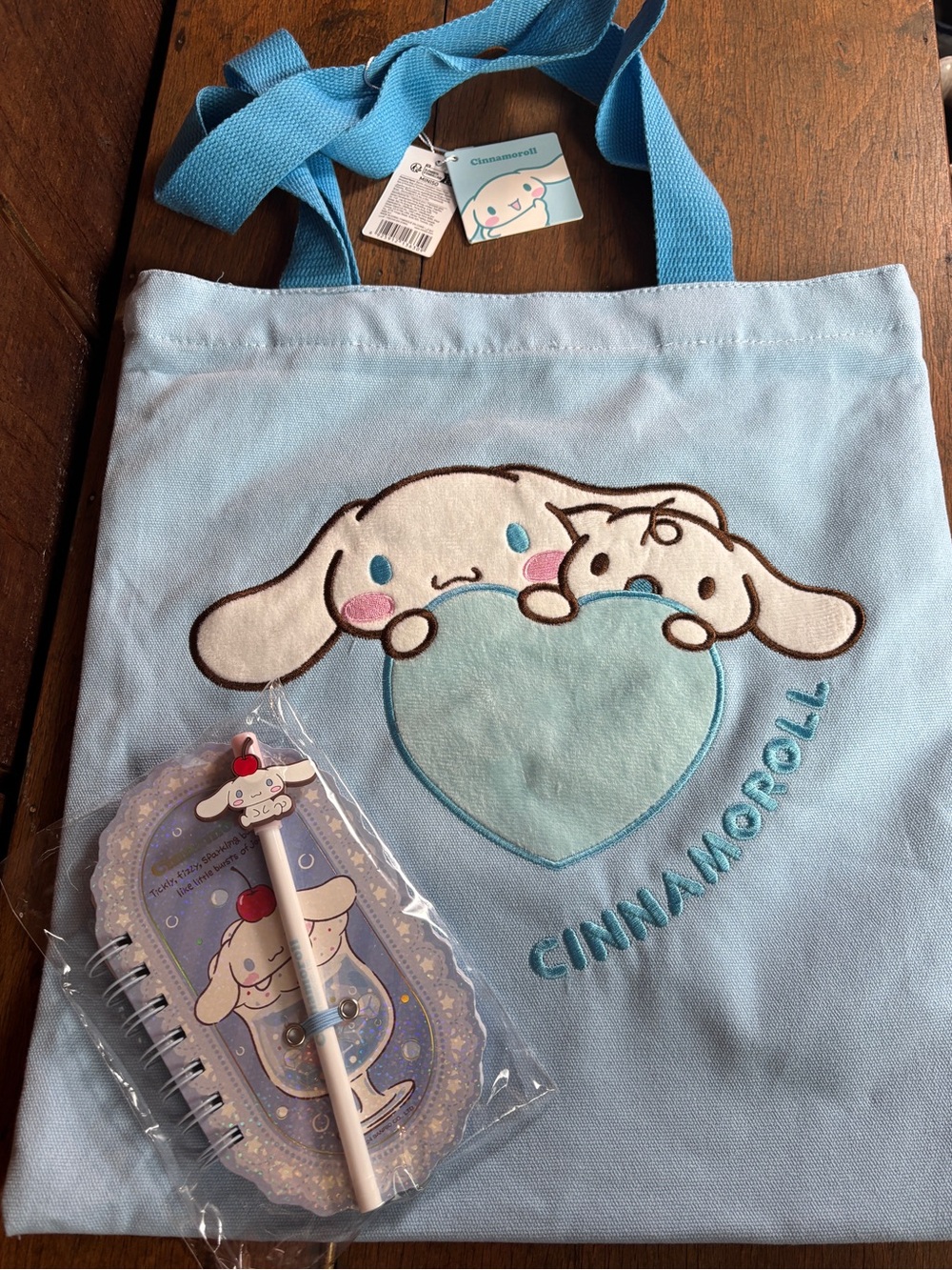 Miniso Sanrio Hello Kitty Cinnamon Roll Light Blue Tote Bag and Notebook w/ Pen